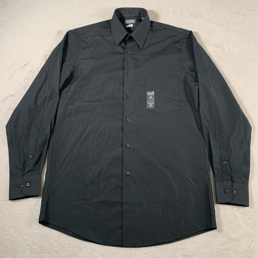 Van Heusen Shirt Mens Small Black Regular Fit Wrinkle Free Button Up 14.5 32/33